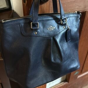👜 Coach Navy Blue Leather Pleated Large Tote Shoulder Bag